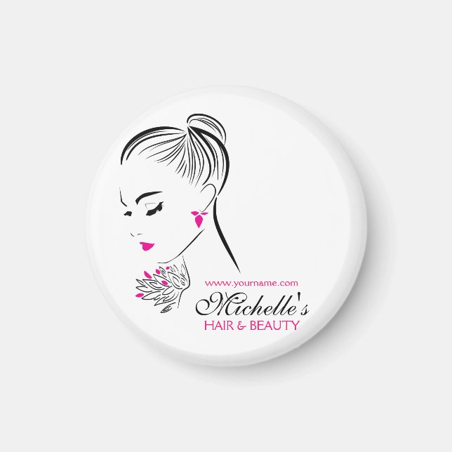 Beautiful woman with pink earrings branding magnet (Front)
