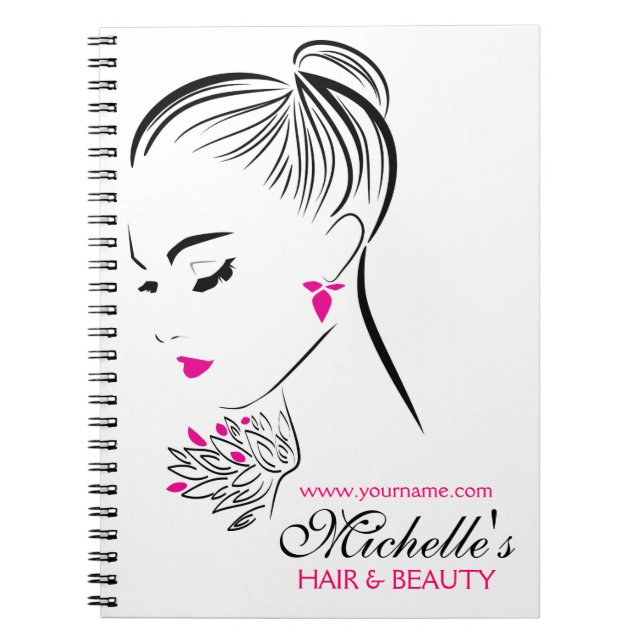 Beautiful woman with pink earrings branding notebook (Front)
