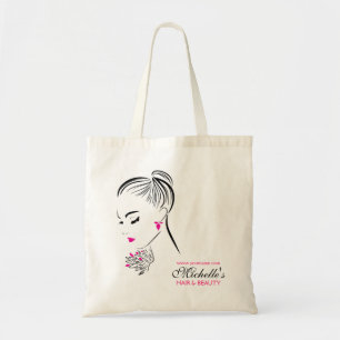 Beautiful woman with pink earrings branding tote bag