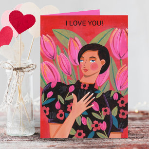 Beautiful woman with tulip heart Valentine's Day Card