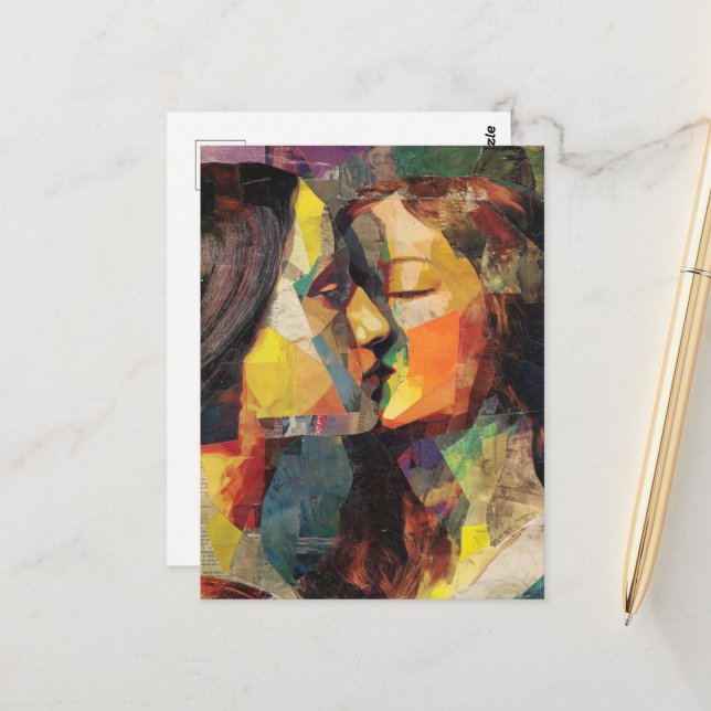 Beautiful Women Kissing Mixed Media Collage Postcard (Front/Back In Situ)