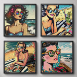 Beautiful Women on Beach Comic Book Pop Art Peel And Stick Photo Tile<br><div class="desc">Pretty ai generated image of a pretty women on the beach wearing sunglasses and drinking cocktails with an ocean beach background comic book style pop art.</div>