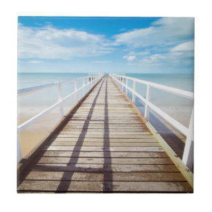 Beautiful Wood Pier, Dock, Beach, Ocean Blue Sky Tile
