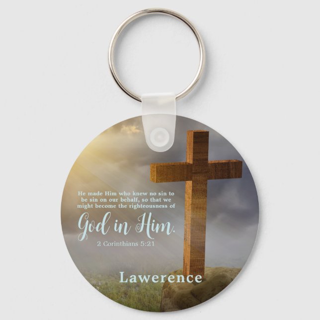 Beautiful Wooden Cross Bible Verse Personalized Keychain (Front)