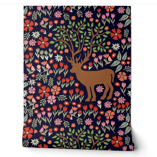 Beautiful Woodland Pattern Wildflowers Reindeer Wallpaper (Unrolling)