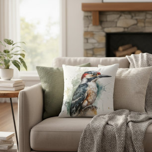 Beautiful woodpecker sitting on a wooden pole throw pillow