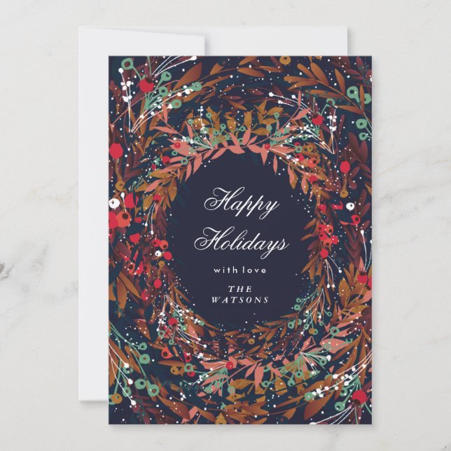 Beautiful Wreath Happy Holidays Floral Holiday Card (Front)