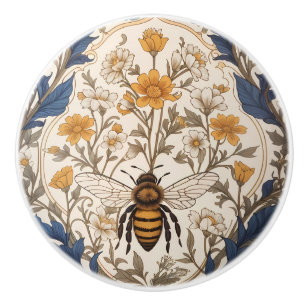 Beautiful Yellow and Blue Floral Vintage Bee Ceramic Knob