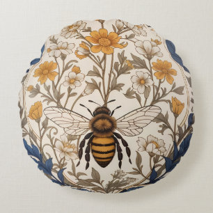 Beautiful Yellow and Blue Floral Vintage Bee Round Pillow