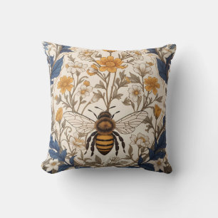 Beautiful Yellow and Blue Floral Vintage Bee Throw Pillow