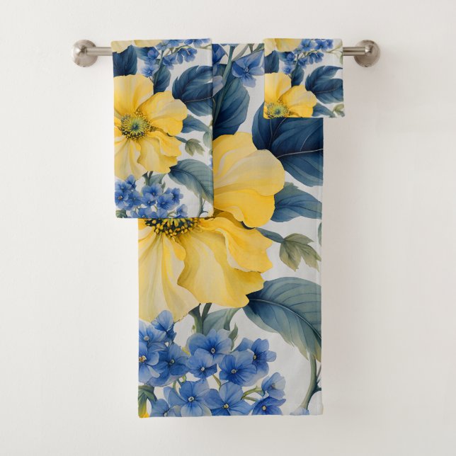 Beautiful Yellow and Blue Flowers Bath Towel Set (Insitu)
