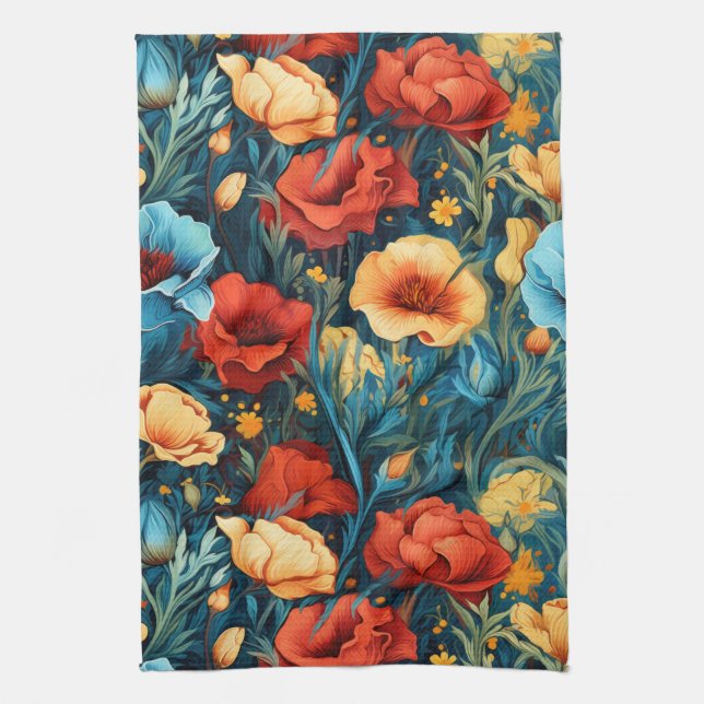 Beautiful Yellow and Red Flowers Botanical Print Kitchen Towel (Vertical)