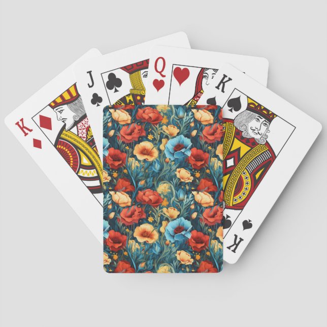 Beautiful Yellow Blue and Red Flowers Pattern Playing Cards (Back)