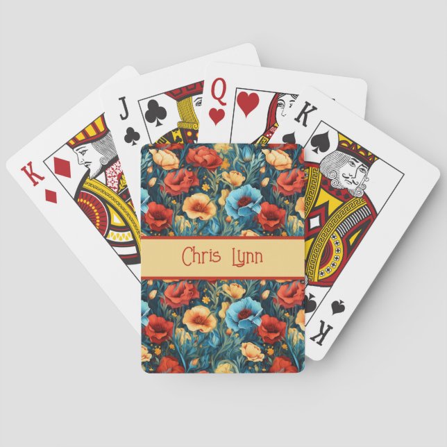 Beautiful Yellow Blue and Red Flowers Pattern Playing Cards (Back)
