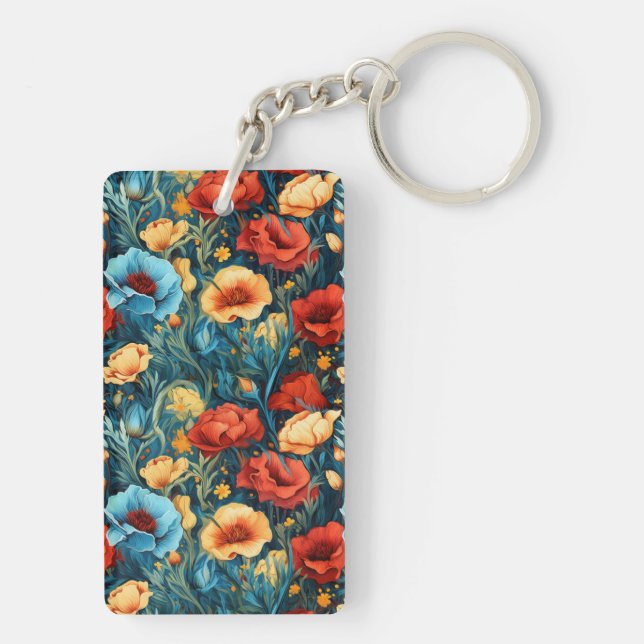 Beautiful Yellow Blue and Red Flowers Two-sided Keychain (Back)