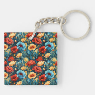 Beautiful Yellow Blue and Red Flowers Two-sided Keychain
