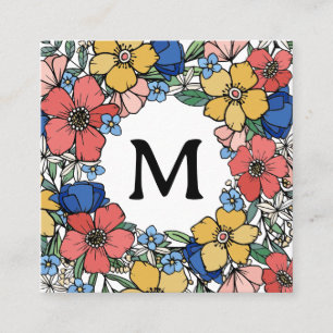 Beautiful Yellow Blue Coral Floral Monogram Square Business Card