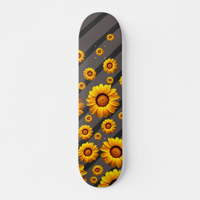Beautiful yellow flowers on grey, black stripes skateboard (Front)