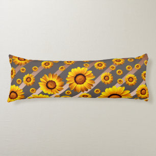 Beautiful yellow flowers on grey, brown stripes body pillow