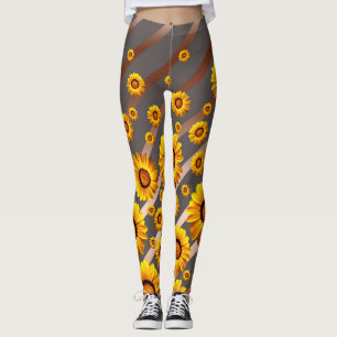 Beautiful yellow flowers on grey, brown stripes leggings