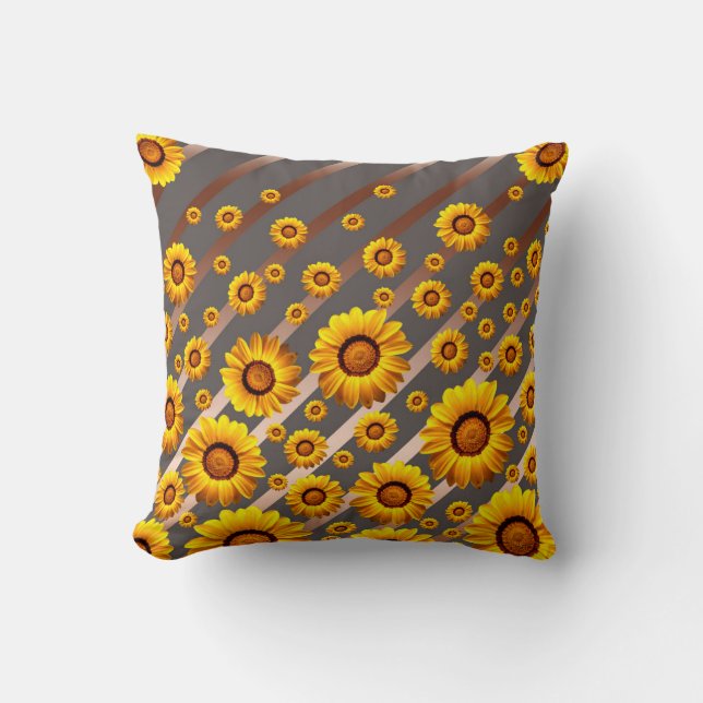 Beautiful yellow flowers on grey, brown stripes throw pillow (Front)