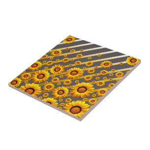 Beautiful yellow flowers on grey, gold stripes tile