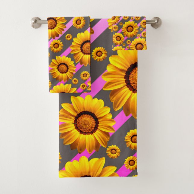 Beautiful yellow flowers on grey, pink stripes   bath towel set (Insitu)