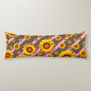 Beautiful yellow flowers on grey, pink stripes  body pillow