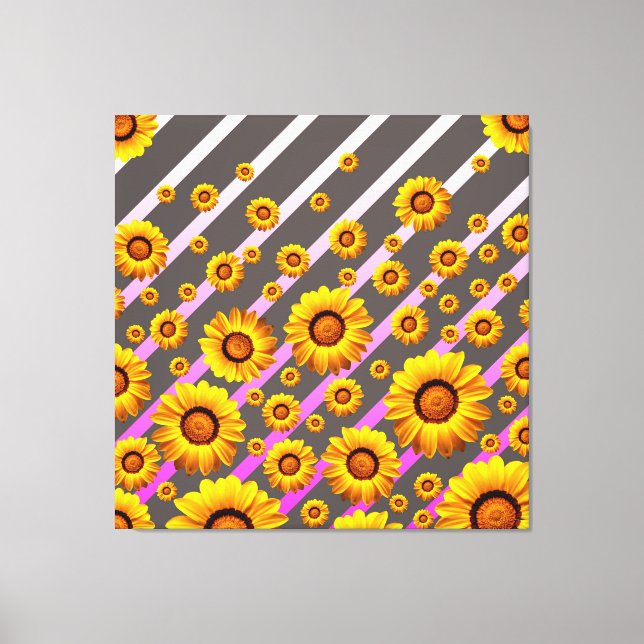 Beautiful yellow flowers on grey, pink stripes  canvas print (Front)