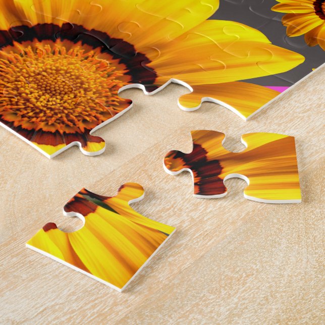 Beautiful yellow flowers on grey, pink stripes   jigsaw puzzle (Side)