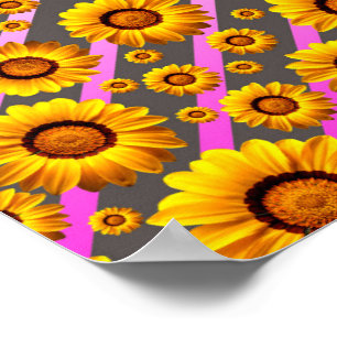 Beautiful yellow flowers on grey, pink stripes poster