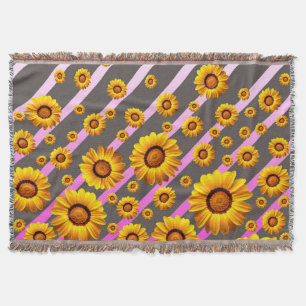 Beautiful yellow flowers on grey, pink stripes throw blanket