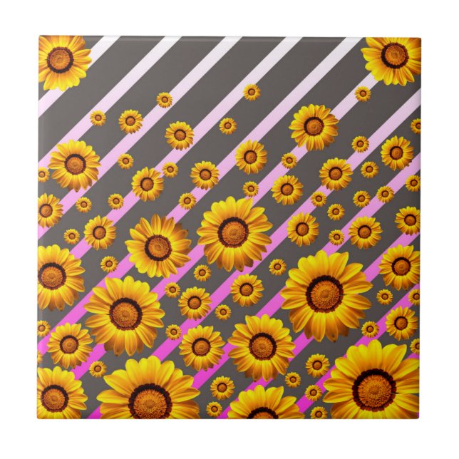 Beautiful yellow flowers on grey, pink stripes   tile (Front)