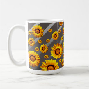 Beautiful yellow flowers on grey, silver stripes coffee mug