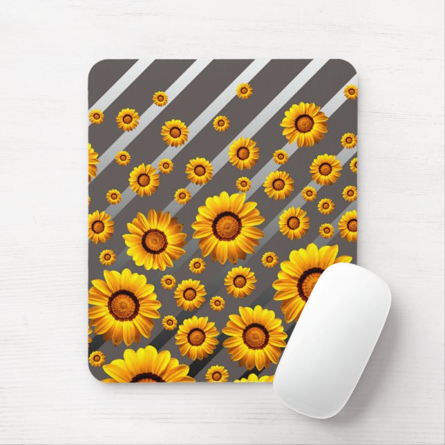 Beautiful yellow flowers on grey, silver stripes   mouse pad (With Mouse)