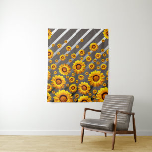 Beautiful yellow flowers on grey, silver stripes tapestry
