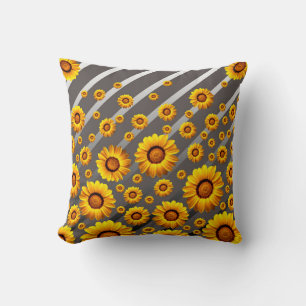 Beautiful yellow flowers on grey, silver stripes throw pillow