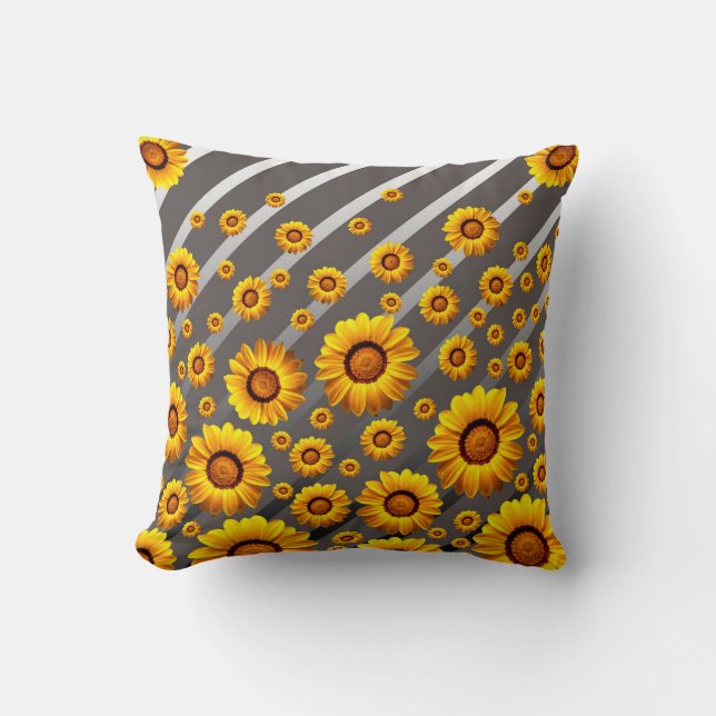 Beautiful yellow flowers on grey, silver stripes throw pillow (Front)