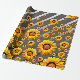 Beautiful yellow flowers on grey, silver stripes wrapping paper