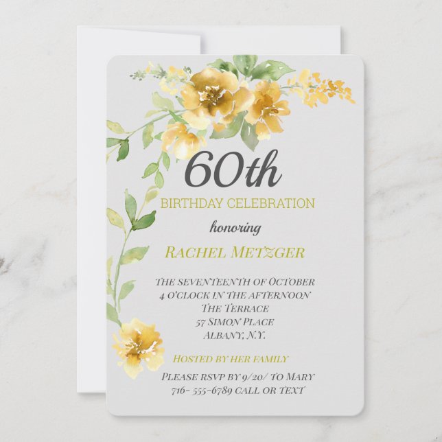 Beautiful Yellow/Grey Floral Birthday Invitation (Front)
