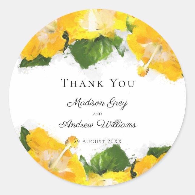 Beautiful Yellow Hibiscus Flower Art Thank You Classic Round Sticker (Front)