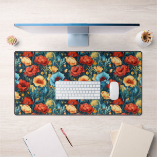 Beautiful Yellow Red Blue Flowers Botanical Print Desk Mat