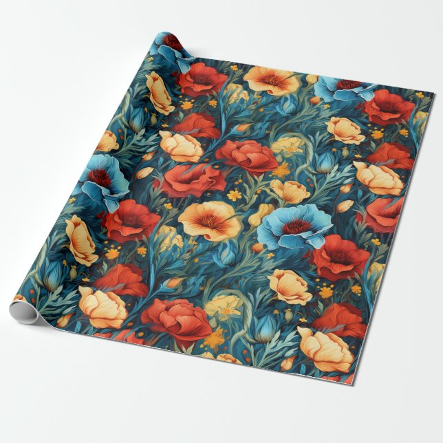 Beautiful Yellow Red Blue Flowers Botanical Print Wrapping Paper (Unrolled)