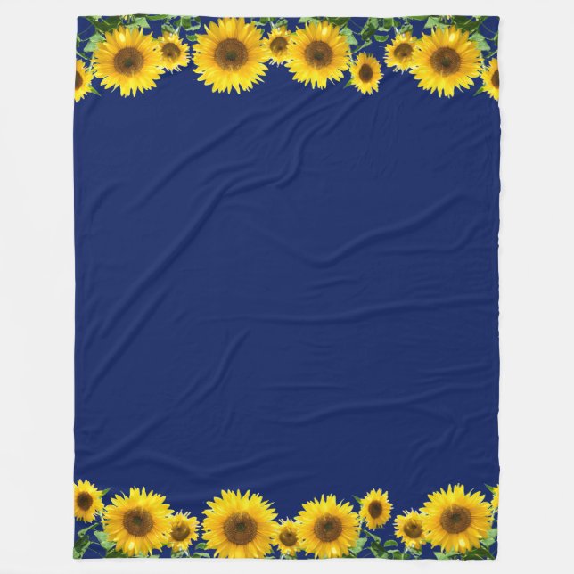 Beautiful Yellow Sunflowers on Navy Blue Fleece Blanket (Front)