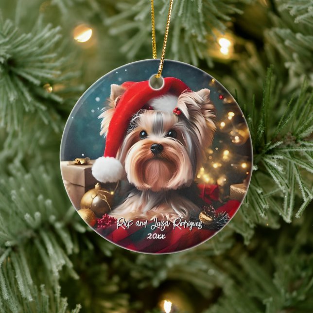 Beautiful Yorkshire Terrier with Santa Hat Ceramic Ornament (Tree)