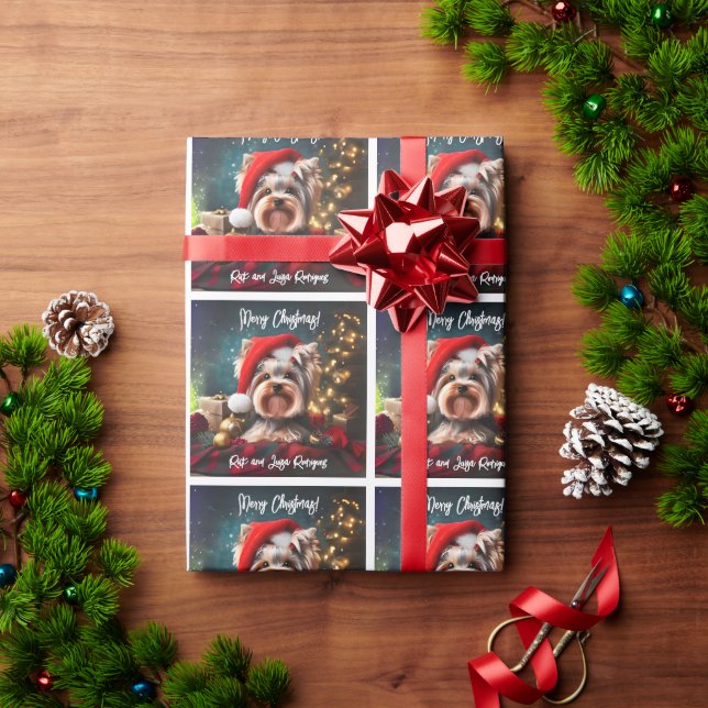 Beautiful Yorkshire Terrier with Santa Hat Wrapping Paper (Holiday Gift)