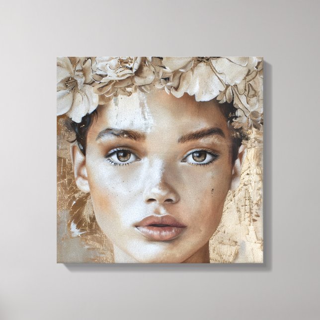 Beautiful Young Fashion Model Floral Portrait Art Canvas Print (Front)