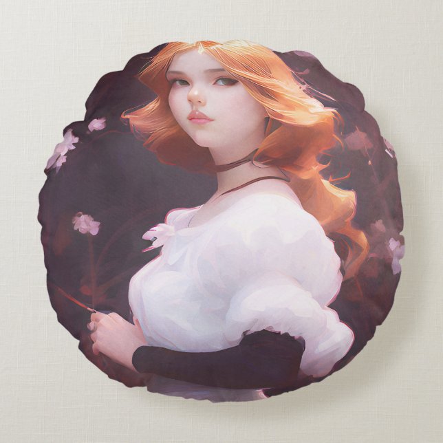 Beautiful Young Girl Amongst Pink Flowers Portrait Round Pillow (Front)