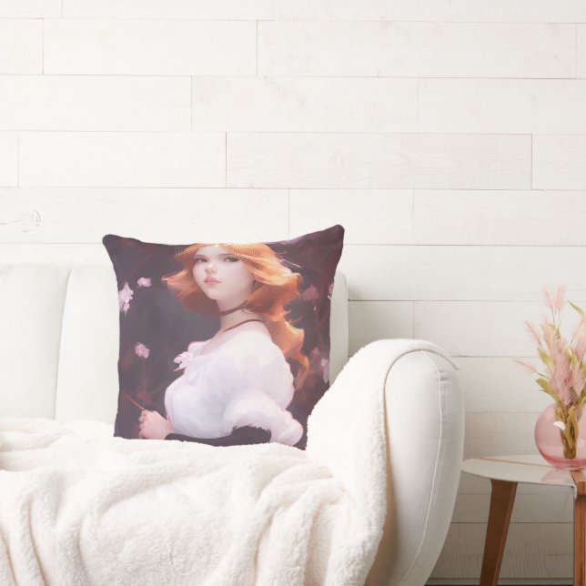 Beautiful Young Girl Amongst Pink Flowers Portrait Throw Pillow (Couch)