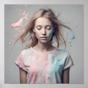 Beautiful young girl, monotone, splashes of Colour Poster